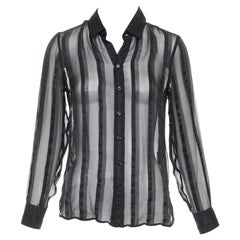 SAINT LAURENT 2013 camisa negra 100% seda rayas verticales cuello transparente FR36 S