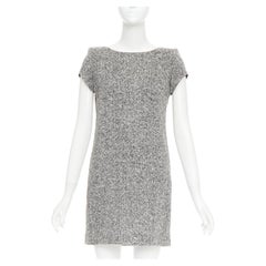 SAINT LAURENT 2013 grey boucle wool tweed silk padded shoulder dress FR36 S