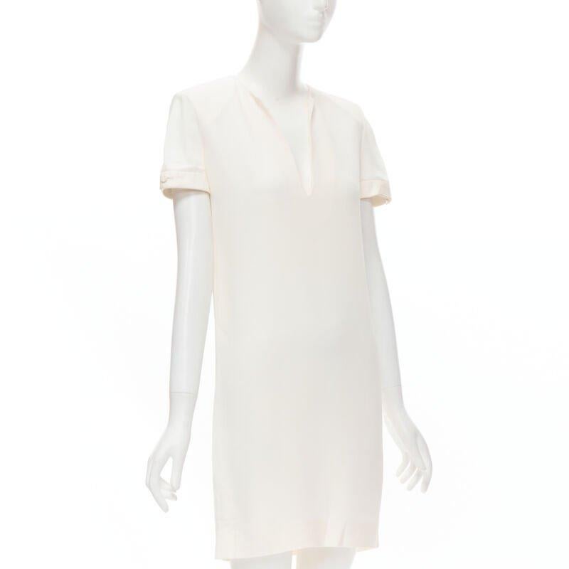 SAINT LAURENT 2013 Hedi Slimane vestido de crepé marfil con cuello en V ribeteado en piel FR36 S Gris en venta