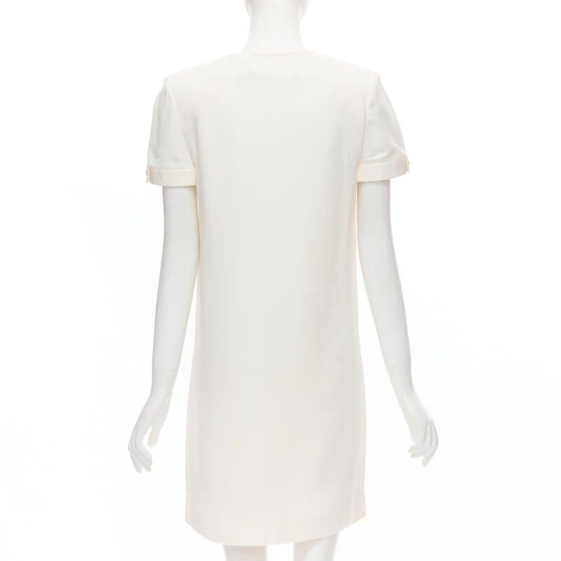 SAINT LAURENT 2013 Hedi Slimane vestido de crepé marfil con cuello en V ribeteado en piel FR36 S en venta 1