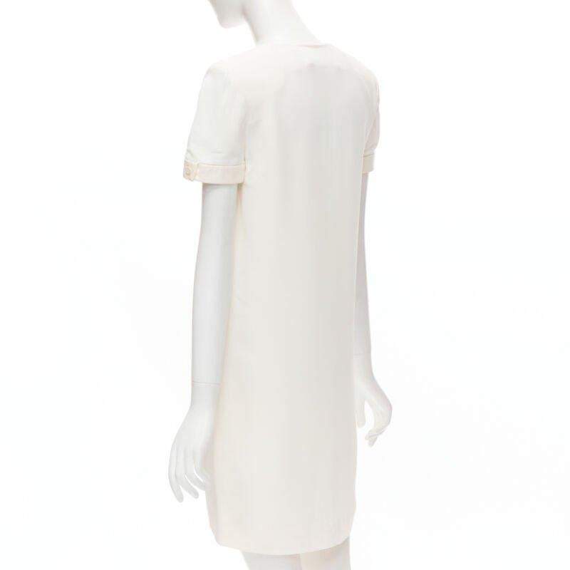 SAINT LAURENT 2013 Hedi Slimane vestido de crepé marfil con cuello en V ribeteado en piel FR36 S en venta 2