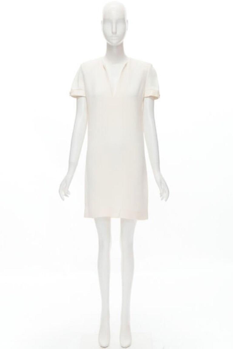 SAINT LAURENT 2013 Hedi Slimane vestido de crepé marfil con cuello en V ribeteado en piel FR36 S en venta 5