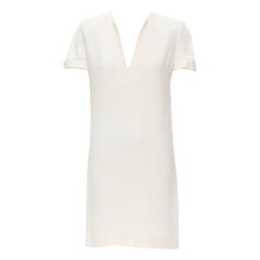 SAINT LAURENT 2013 Hedi Slimane ivory crepe leather trimmed V-neck dress FR36 S