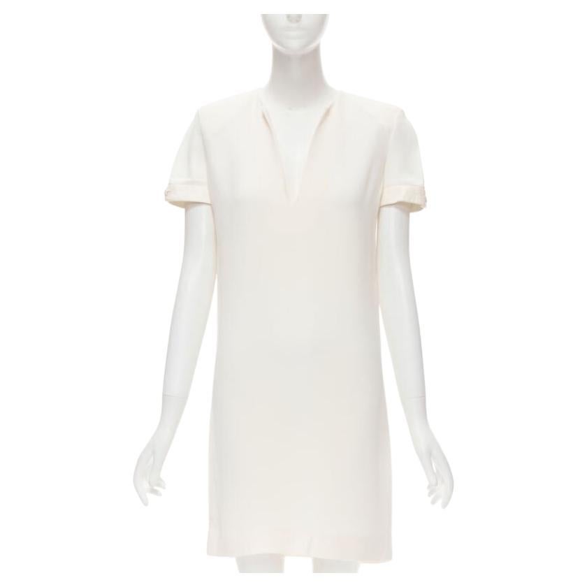 SAINT LAURENT 2013 Hedi Slimane vestido de crepé marfil con cuello en V ribeteado en piel FR36 S en venta
