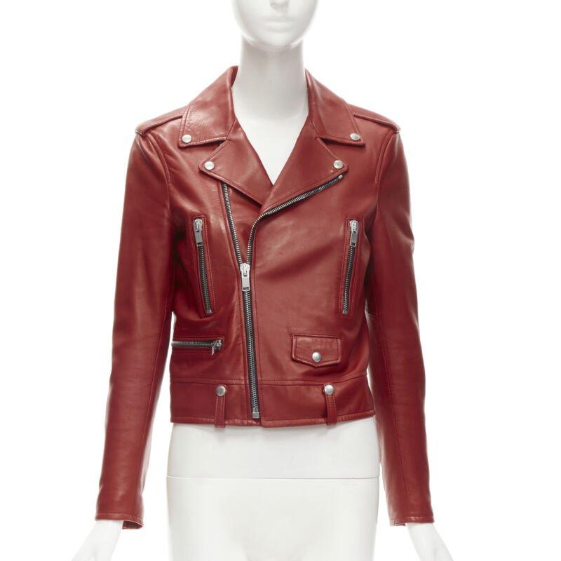 Brown SAINT LAURENT 2013 Hedi Slimane red lambskin leather moto biker jacket FR38 S For Sale