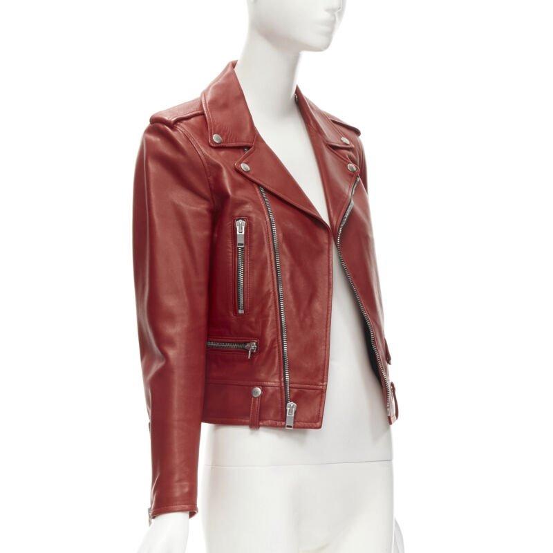 Women's SAINT LAURENT 2013 Hedi Slimane red lambskin leather moto biker jacket FR38 S For Sale