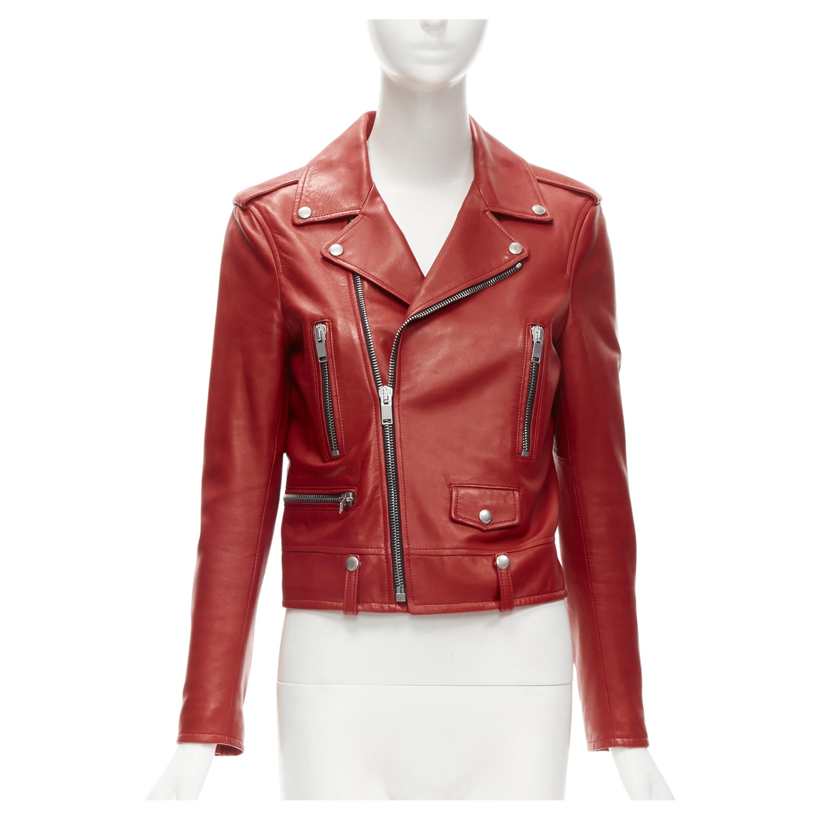 SAINT LAURENT 2013 Hedi Slimane red lambskin leather moto biker jacket FR38 S For Sale