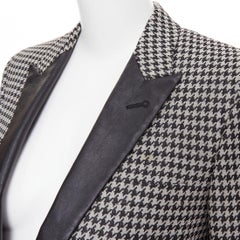 SAINT LAURENT 2013 leather peak lapel grey black houndstooth blazer FR34 XS