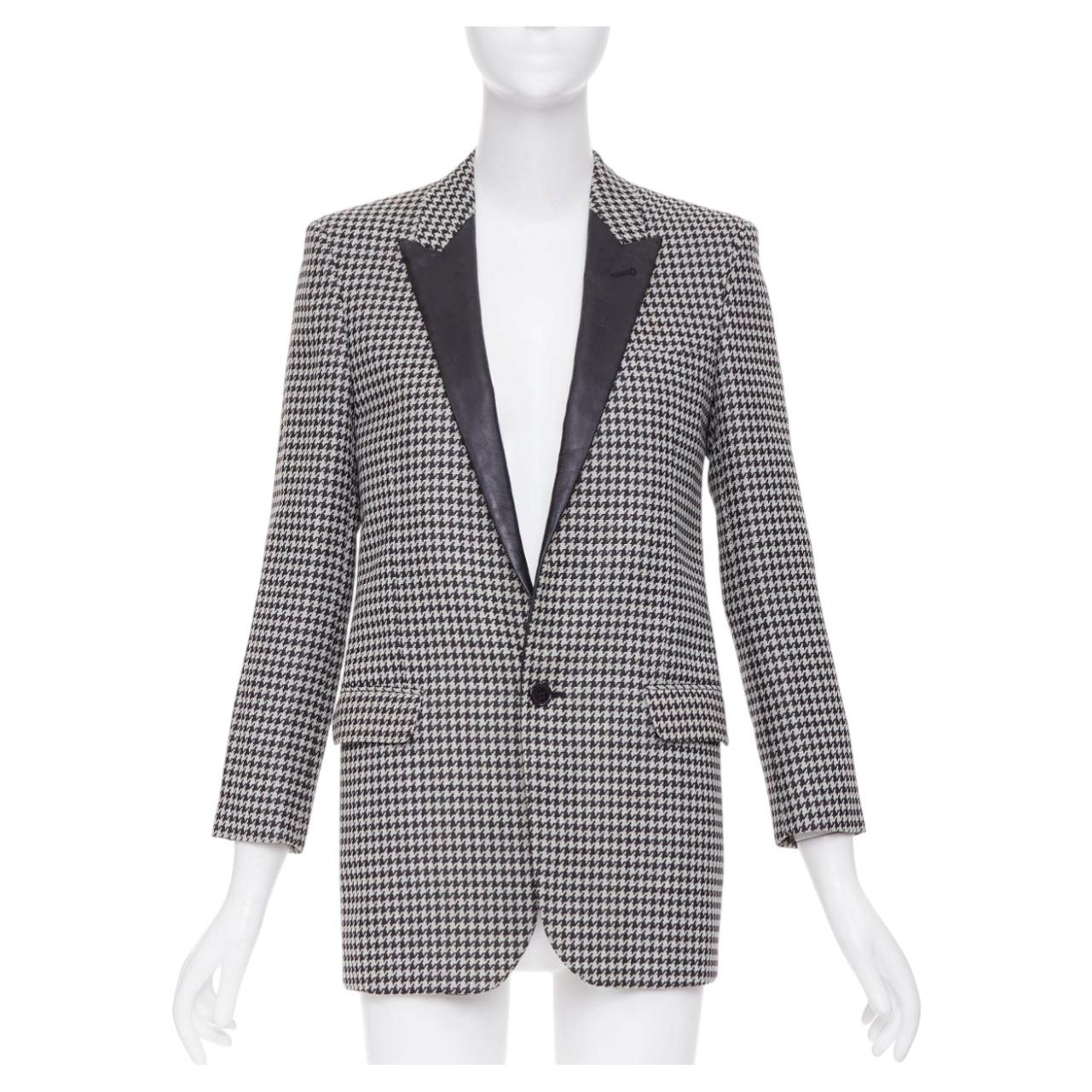 SAINT LAURENT 2013 leather peak lapel grey black houndstooth blazer FR34 XS