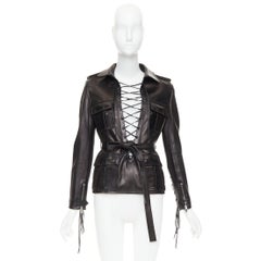 SAINT LAURENT 2013 Runway black leather lace plunge safari tunic top FR38 M