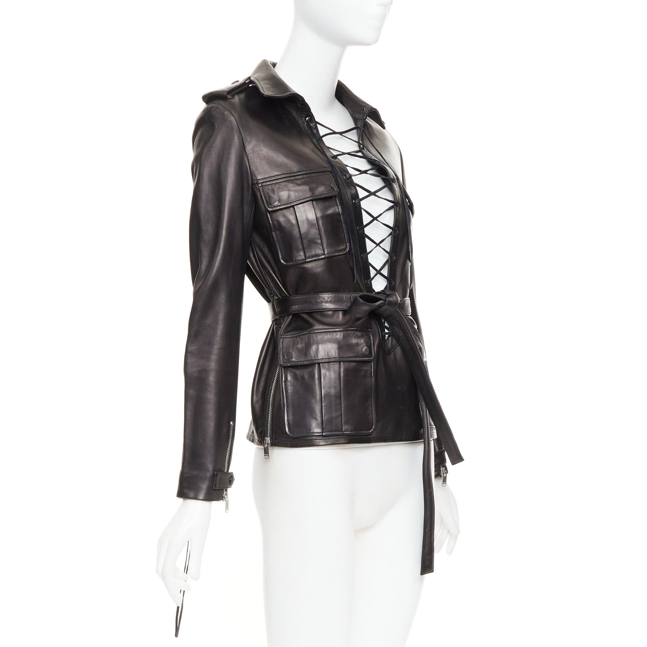 SAINT LAURENT 2013 Runway cuir noir dentelle plunge safari tunic top FR38 M. Pour femmes en vente