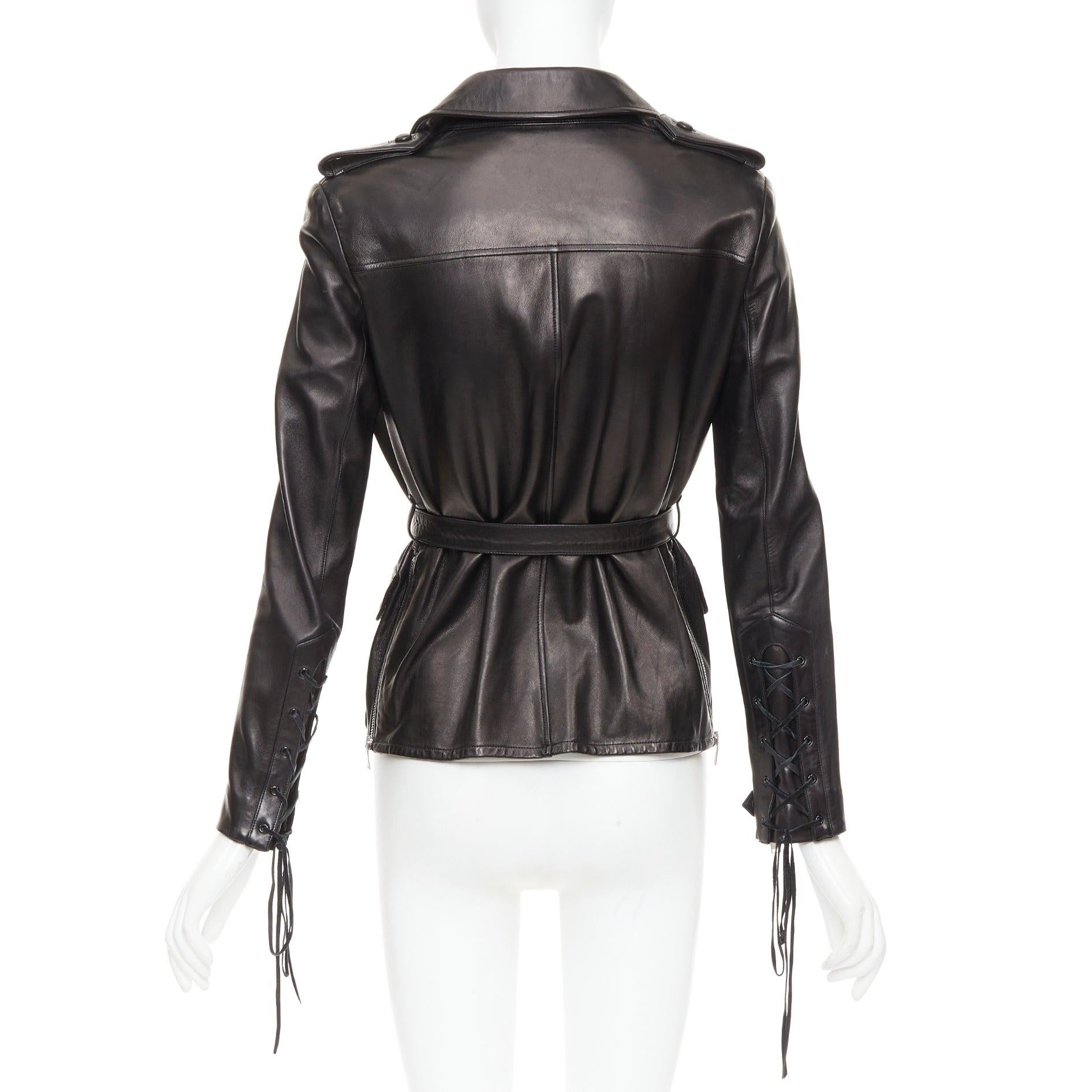 SAINT LAURENT 2013 Runway cuir noir dentelle plunge safari tunic top FR38 M. en vente 2