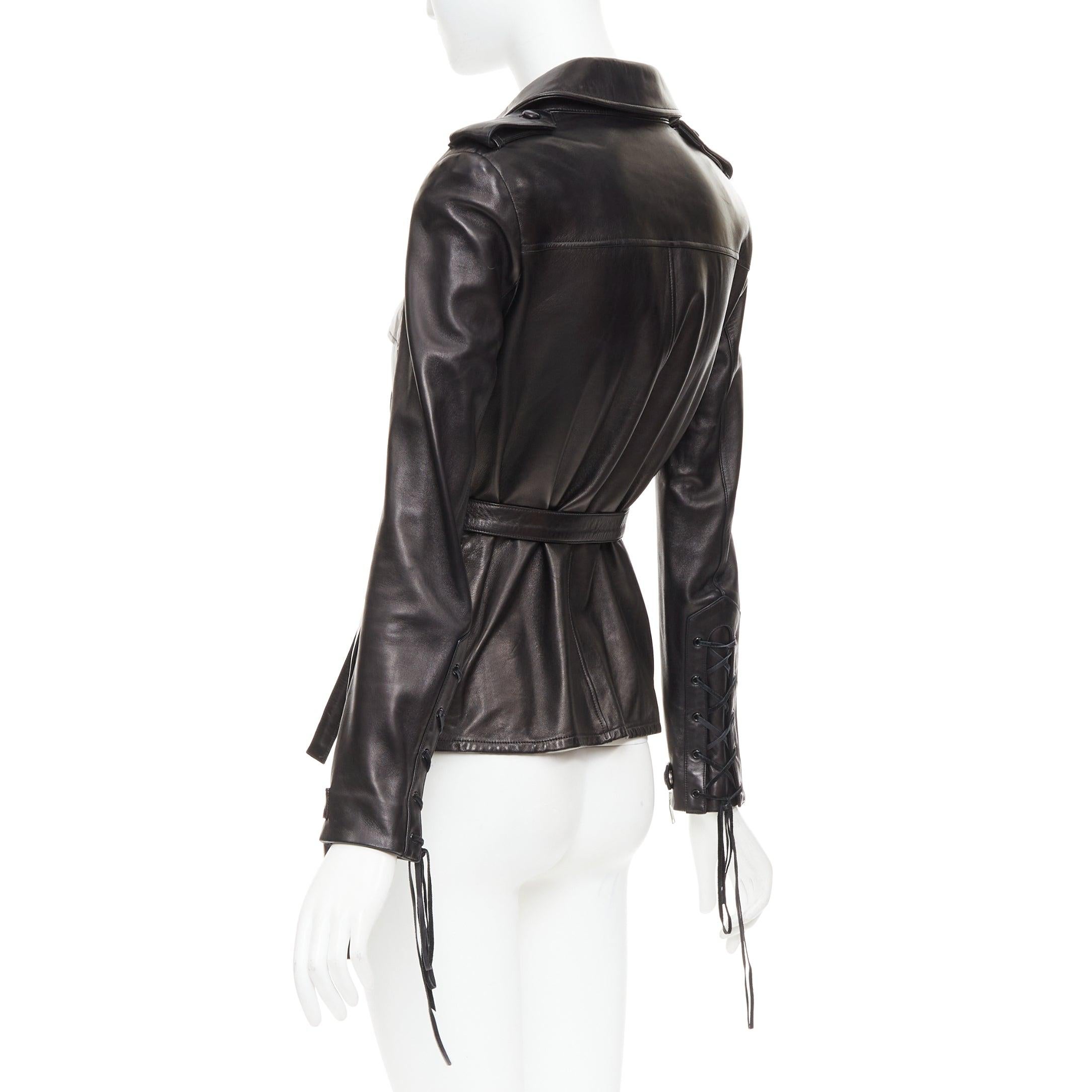 SAINT LAURENT 2013 Runway cuir noir dentelle plunge safari tunic top FR38 M. en vente 3