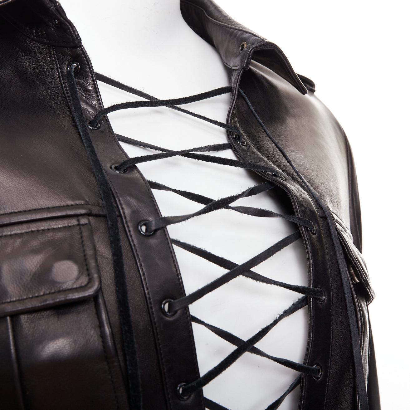 SAINT LAURENT 2013 Runway cuir noir dentelle plunge safari tunic top FR38 M. en vente 4