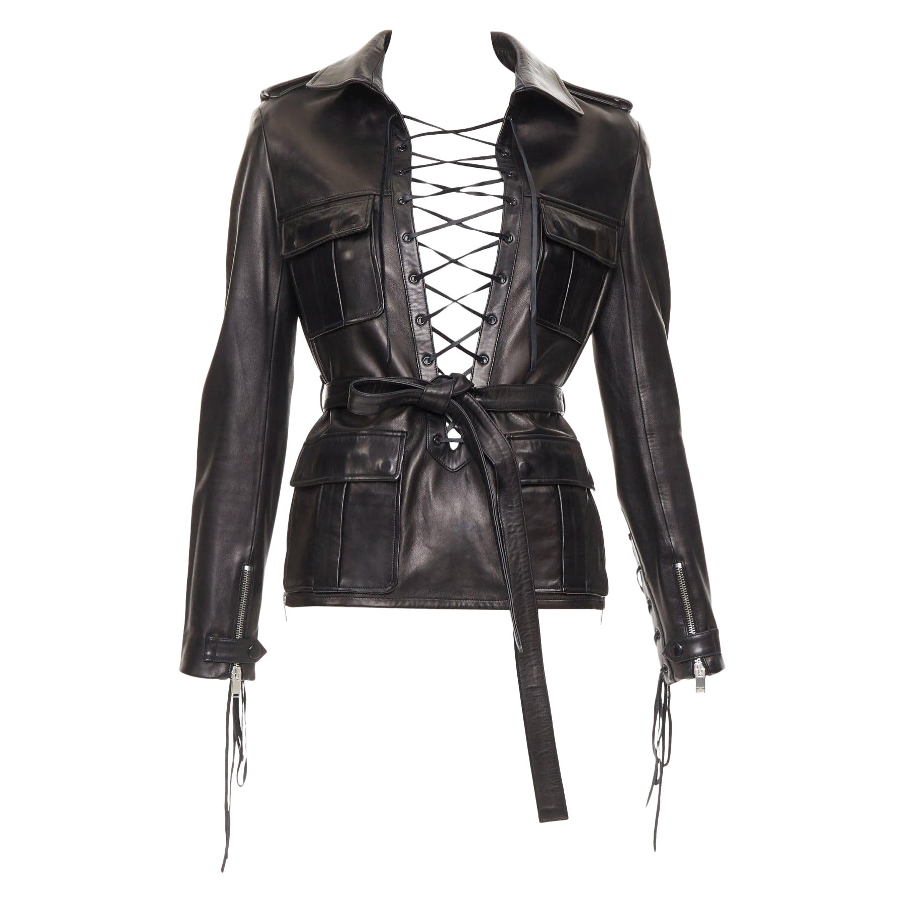 SAINT LAURENT 2013 Runway black leather lace plunge safari tunic top FR38 M