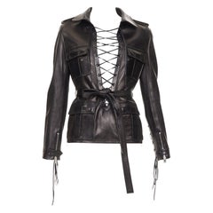 SAINT LAURENT 2013 Runway black leather lace plunge safari tunic top FR38 M