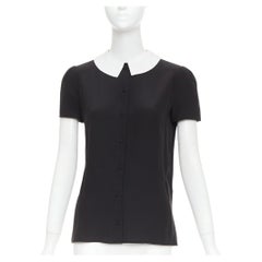 SAINT LAURENT 2014 black cream silk peter pan collar cap sleeve blouse FR36 S