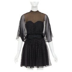 SAINT LAURENT 2014 black polka dot lurex semi sheer bow belt silk dress FR36 XS