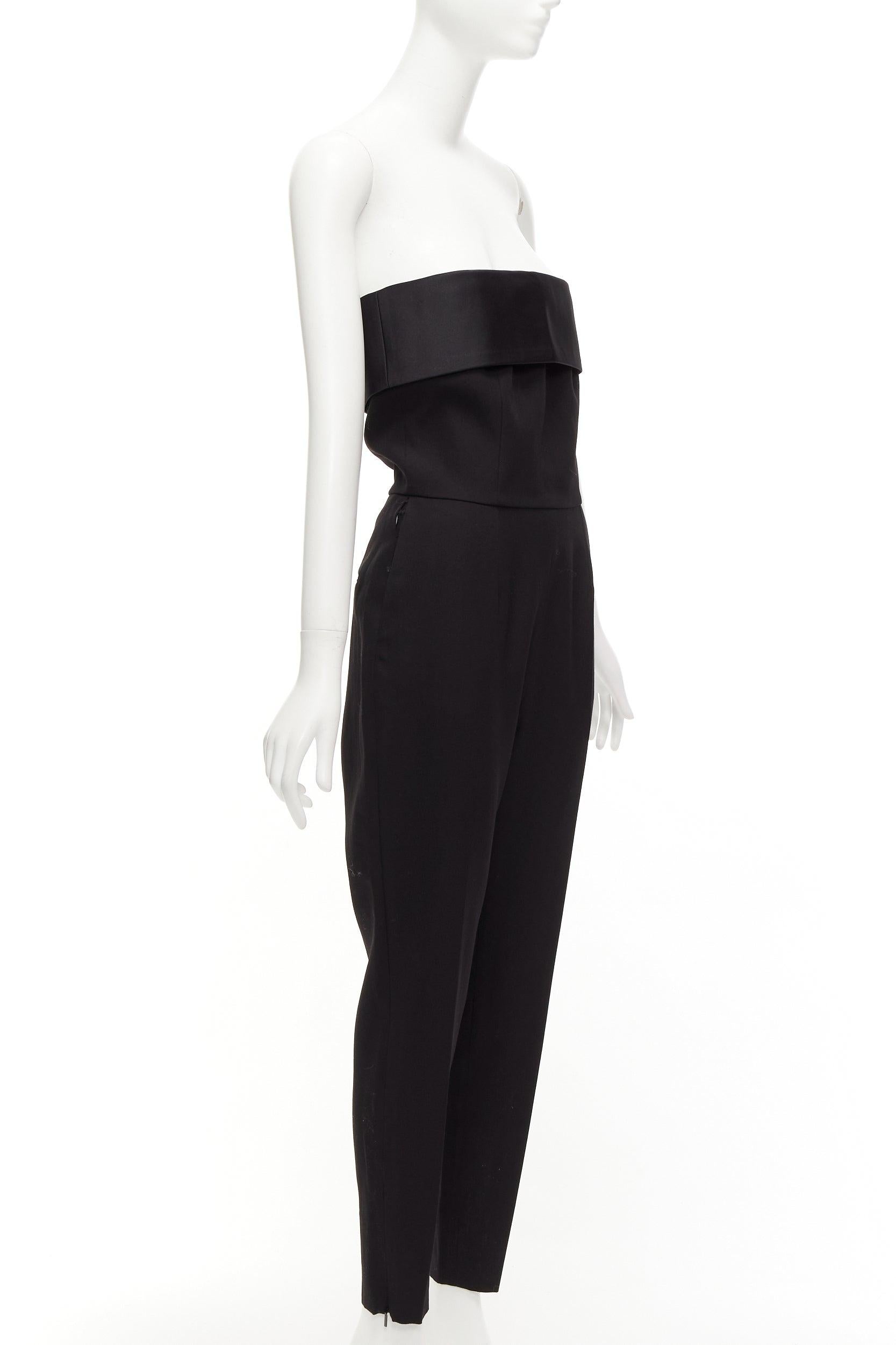 Women's SAINT LAURENT 2014 black virgin wool silk strapless satin panel jumpsuit FR38 M For Sale