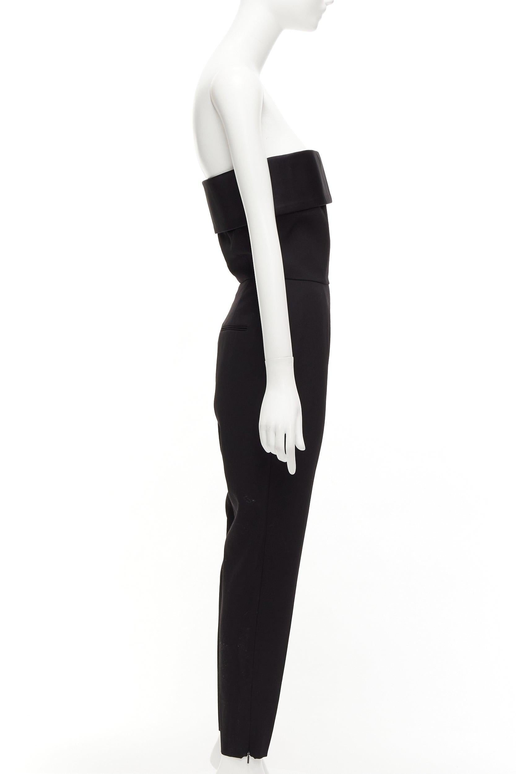 Women's SAINT LAURENT 2014 black virgin wool silk strapless satin panel jumpsuit FR38 M