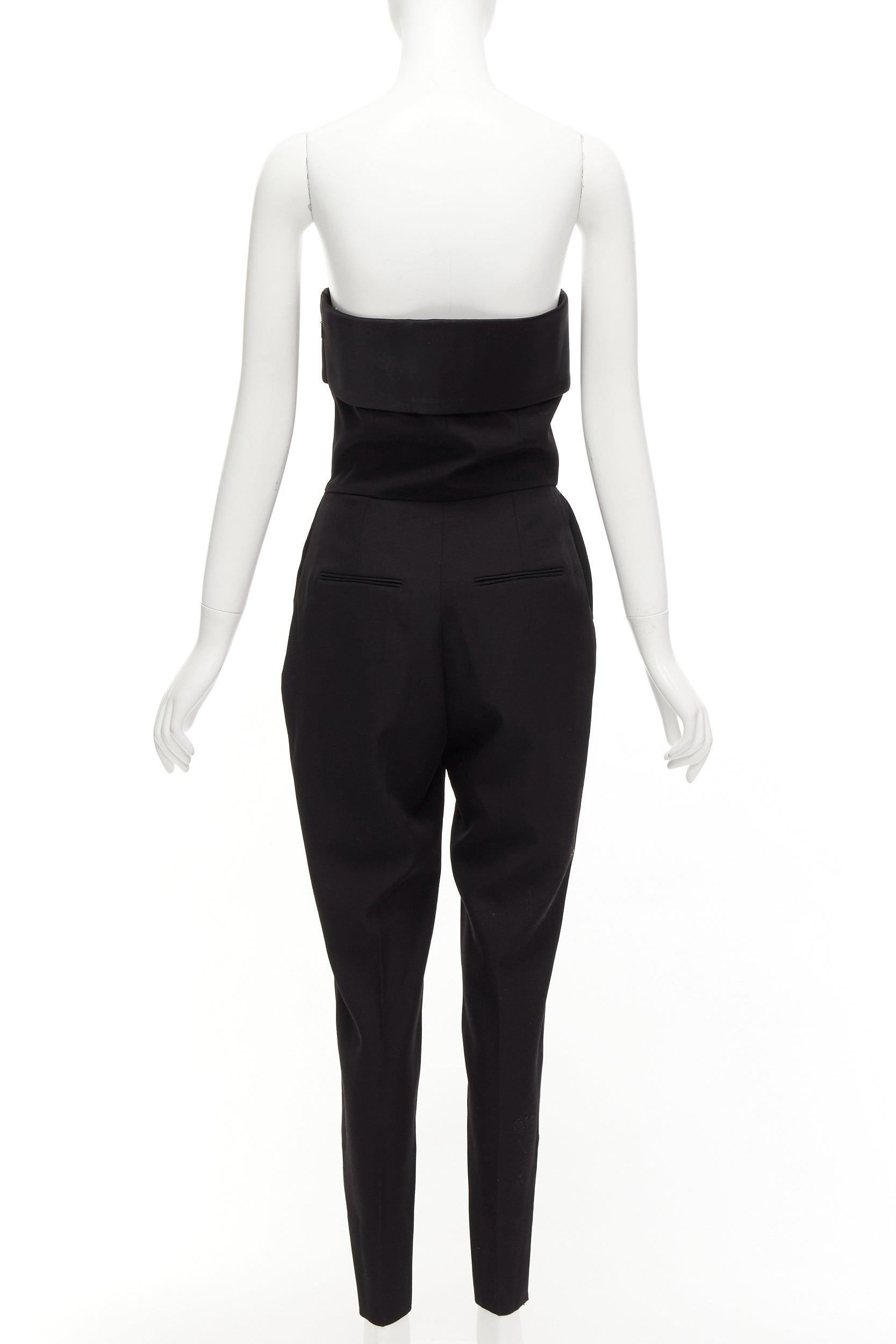 SAINT LAURENT 2014 black virgin wool silk strapless satin panel jumpsuit FR38 M For Sale 2