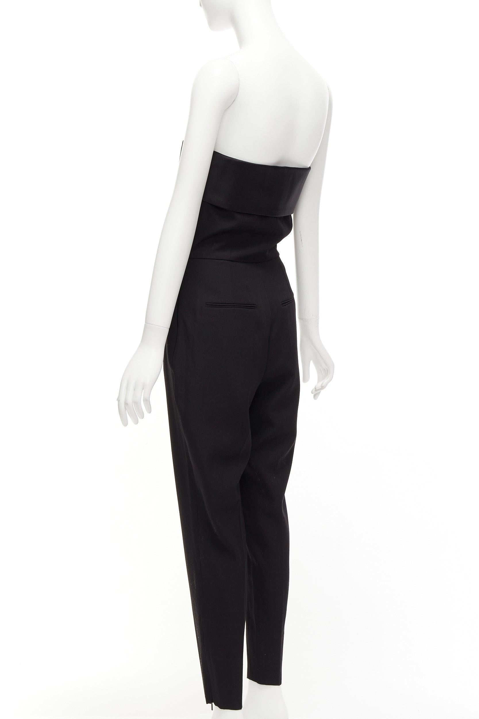 SAINT LAURENT 2014 black virgin wool silk strapless satin panel jumpsuit FR38 M For Sale 3