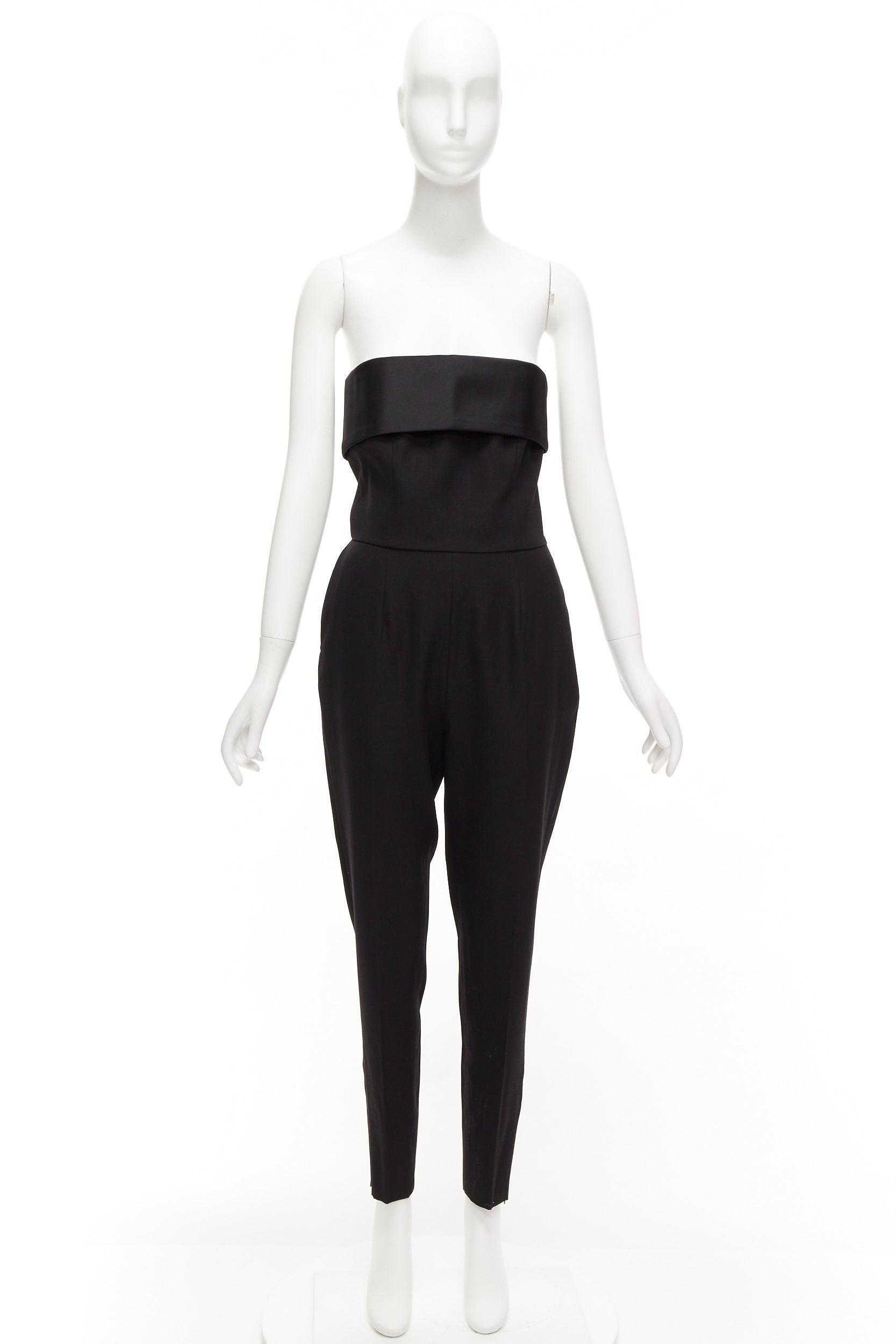 SAINT LAURENT 2014 black virgin wool silk strapless satin panel jumpsuit FR38 M For Sale 6