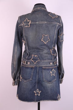 Saint Laurent 2014 Denim suit jacket and skirt with worn star patches