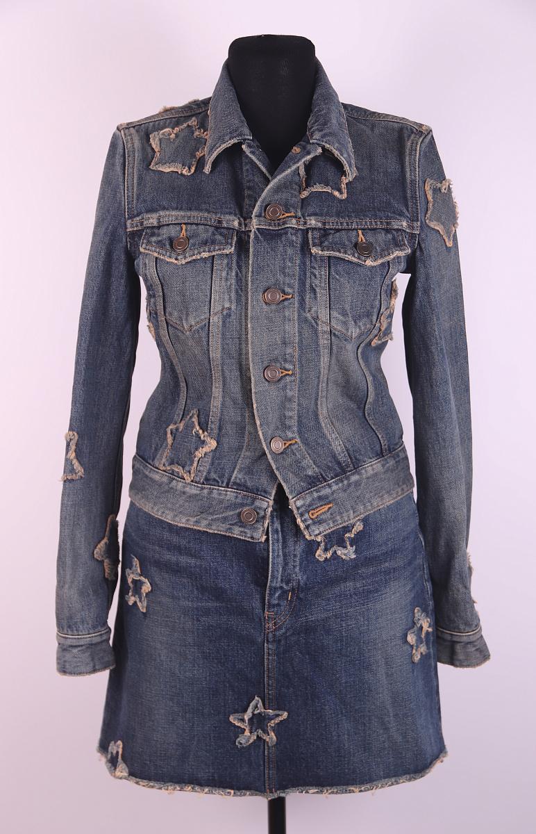 Nero Saint Laurent 2014 Giacca e gonna in denim con toppe a stella usurate in vendita
