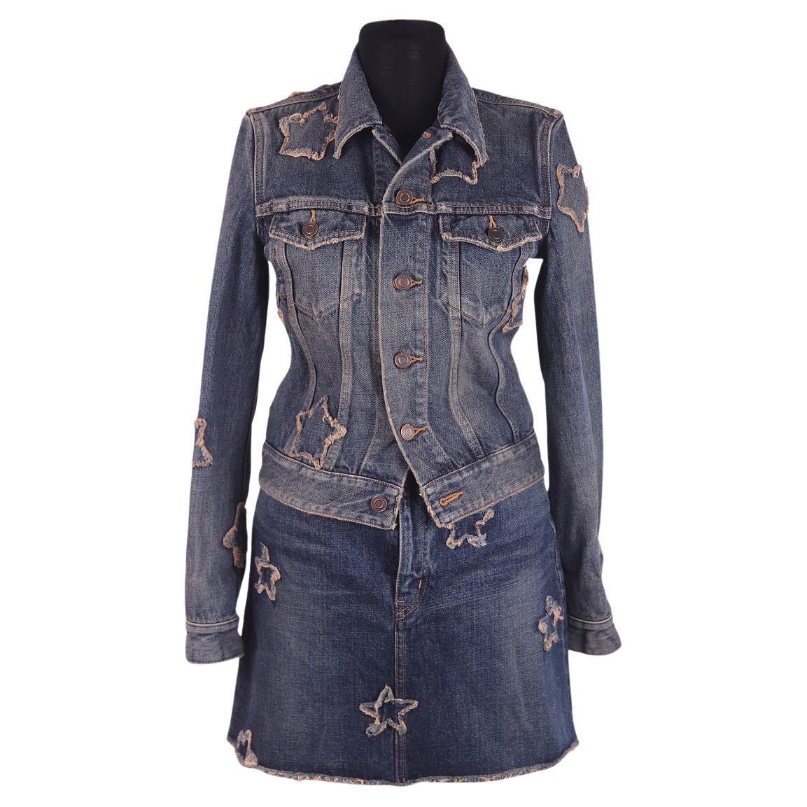 Saint Laurent 2014 Giacca e gonna in denim con toppe a stella usurate in vendita