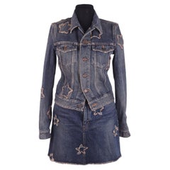 Saint Laurent 2014 Giacca e gonna in denim con toppe a stella usurate