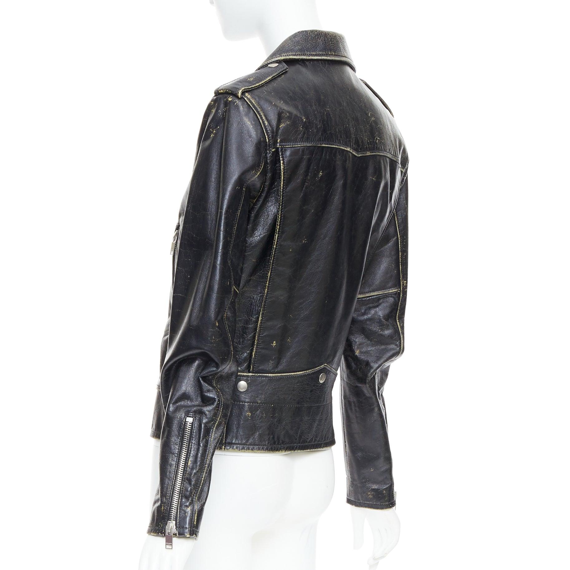 SAINT LAURENT 2015 black calfskin distressed classic biker jacket FR46 S For Sale 2