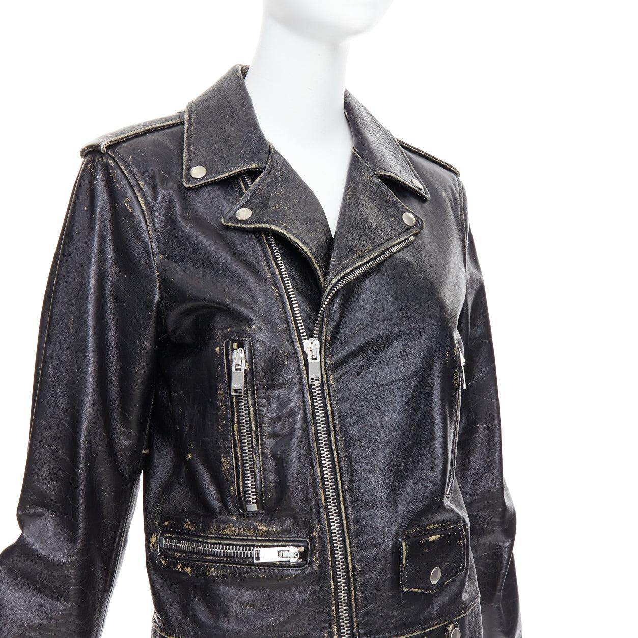 SAINT LAURENT 2015 black calfskin distressed classic biker jacket FR46 S For Sale 3