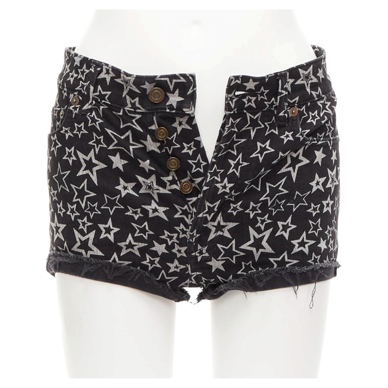 Pre-owned Saint Laurent 2015 Black Grey Star Print Cotton Denim Mini Hot Shorts 24" In Gray