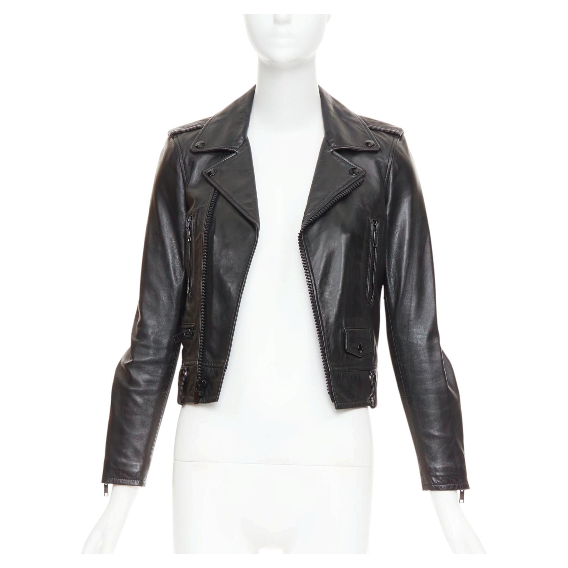 Pre-owned Saint Laurent 2015 Black Lambskin Leather Crop Asymmetric Biker Jacket Fr34 Xs