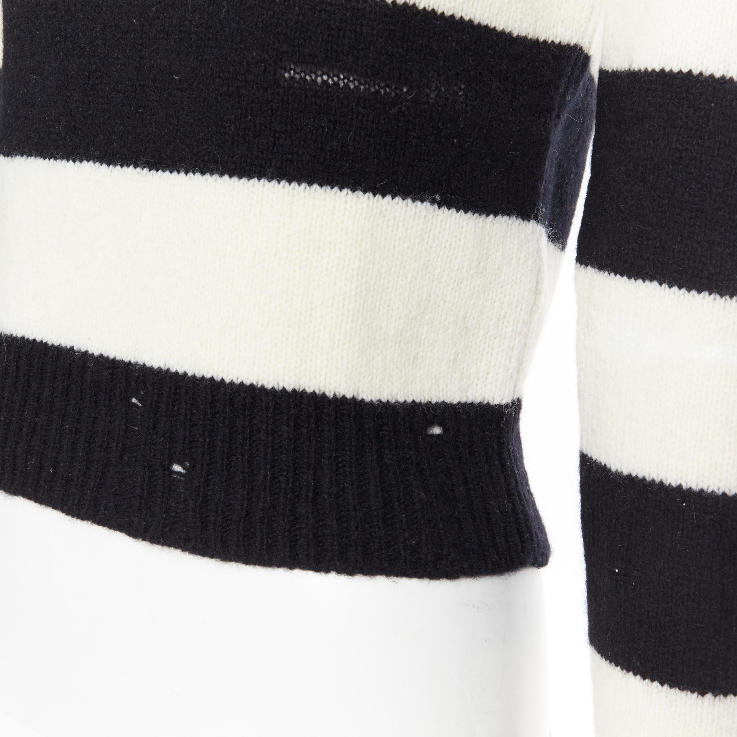 SAINT LAURENT 2015 black white striped distressed holey knit sweater top XS