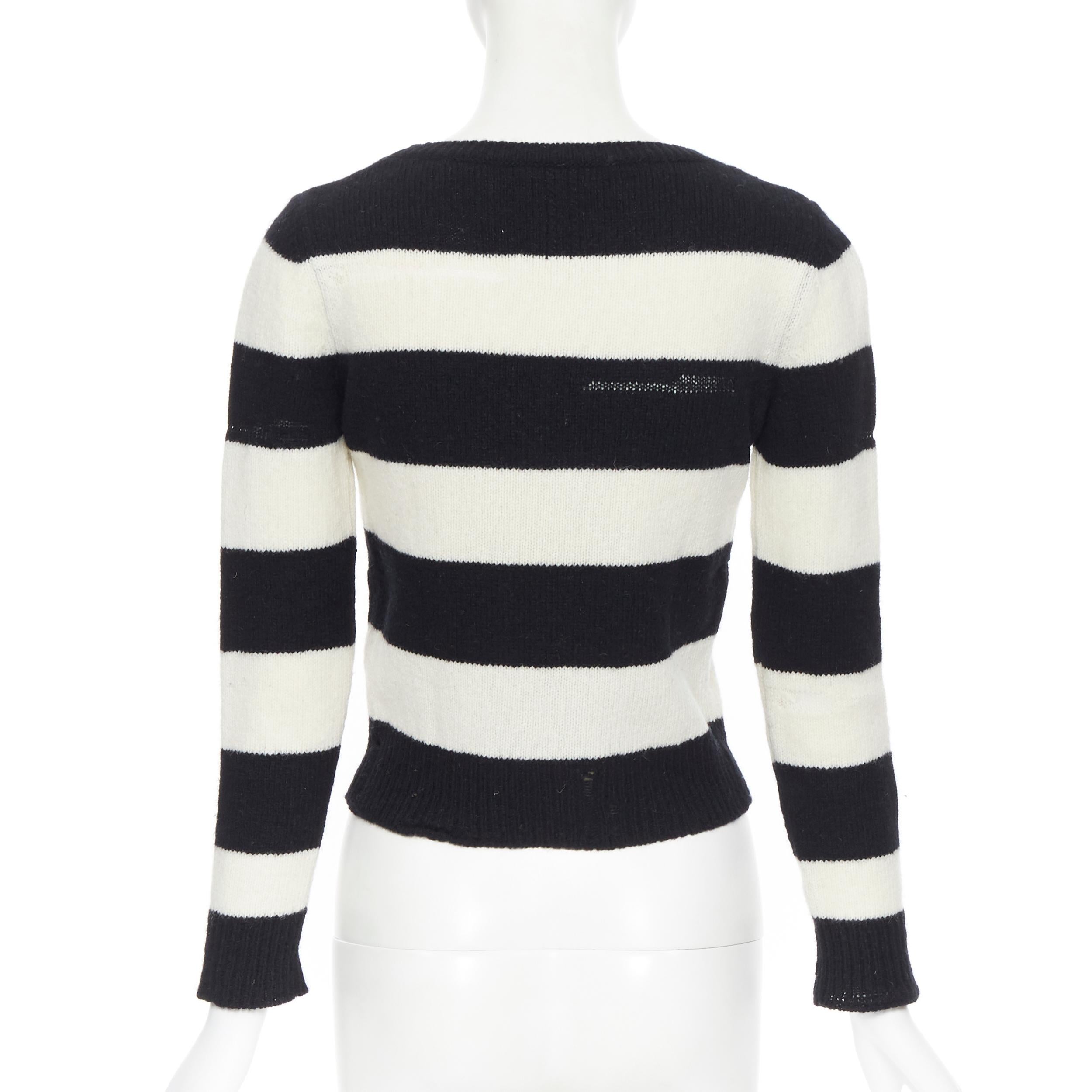 Black SAINT LAURENT 2015 black white striped distressed holey knit sweater top XS