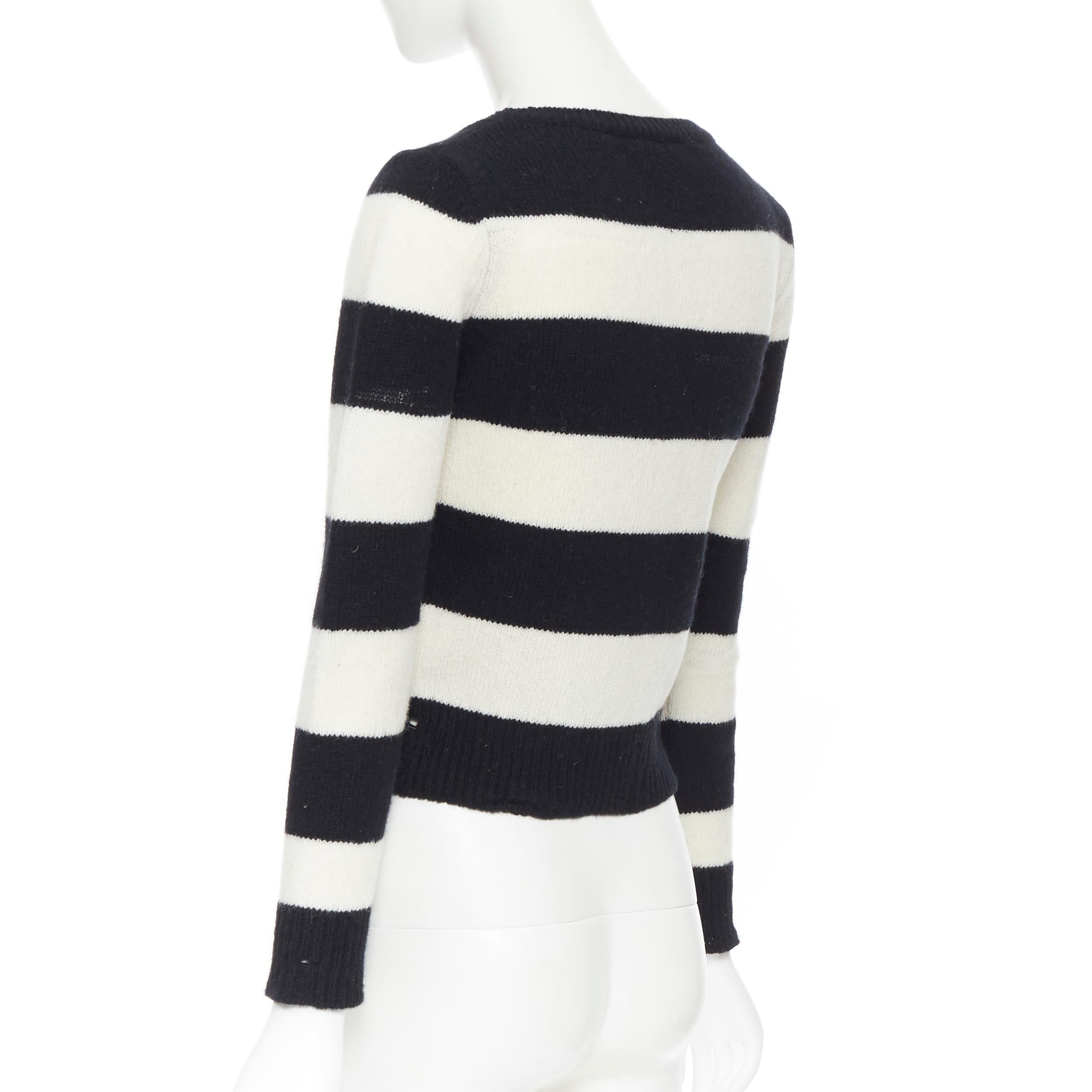 Women's SAINT LAURENT 2015 black white striped distressed holey knit sweater top XS