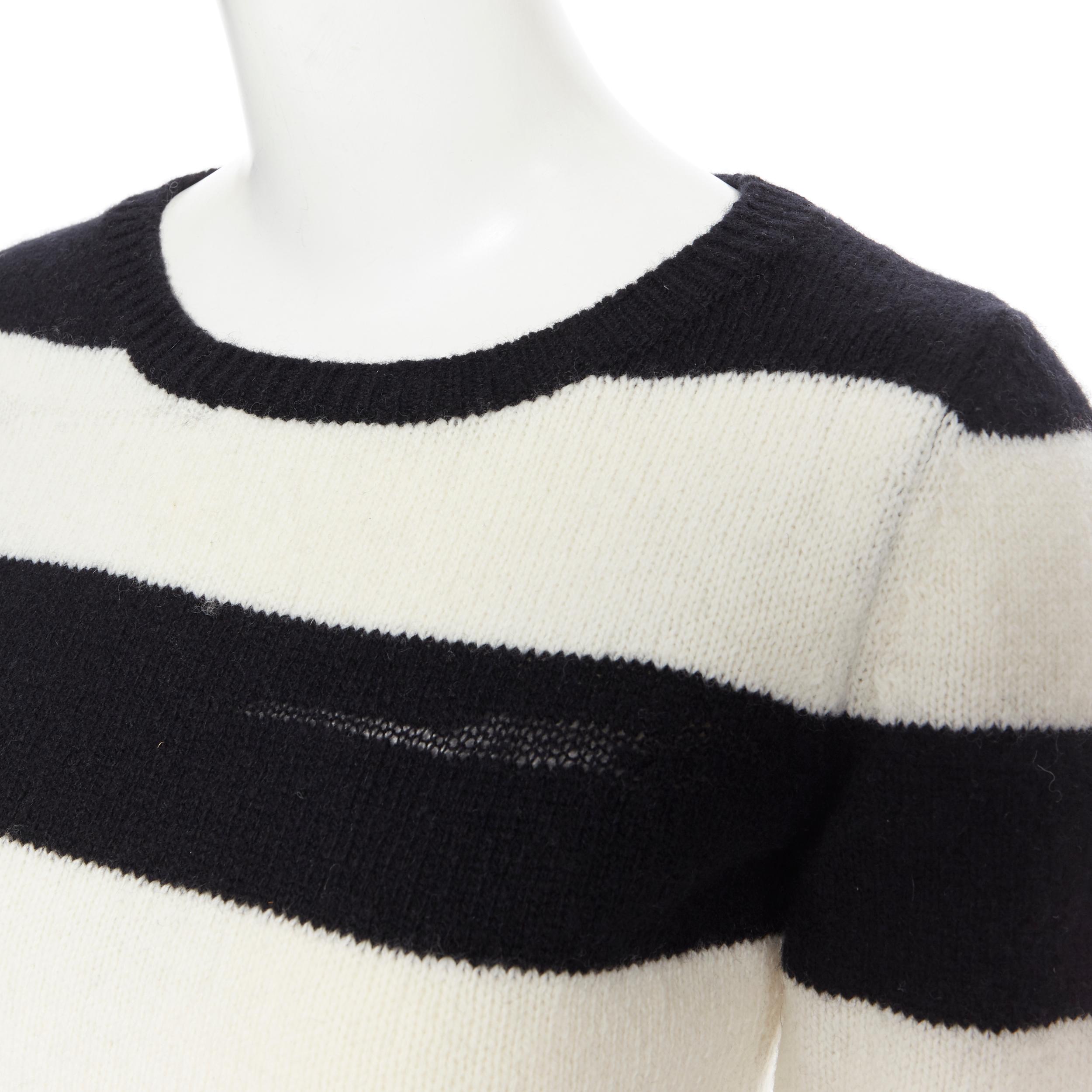 SAINT LAURENT 2015 black white striped distressed holey knit sweater top XS 1
