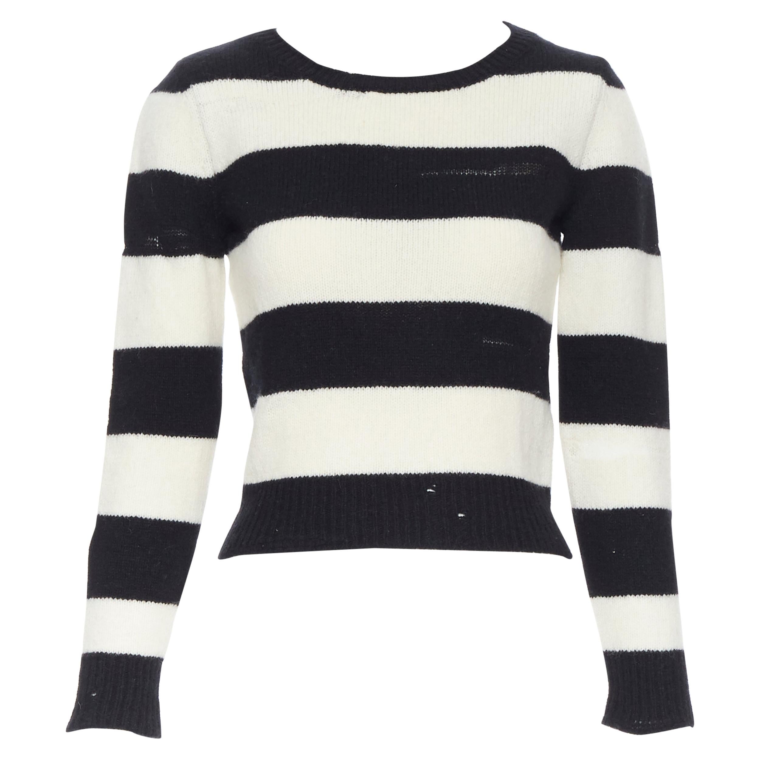 SAINT LAURENT 2015 black white striped distressed holey knit sweater top XS