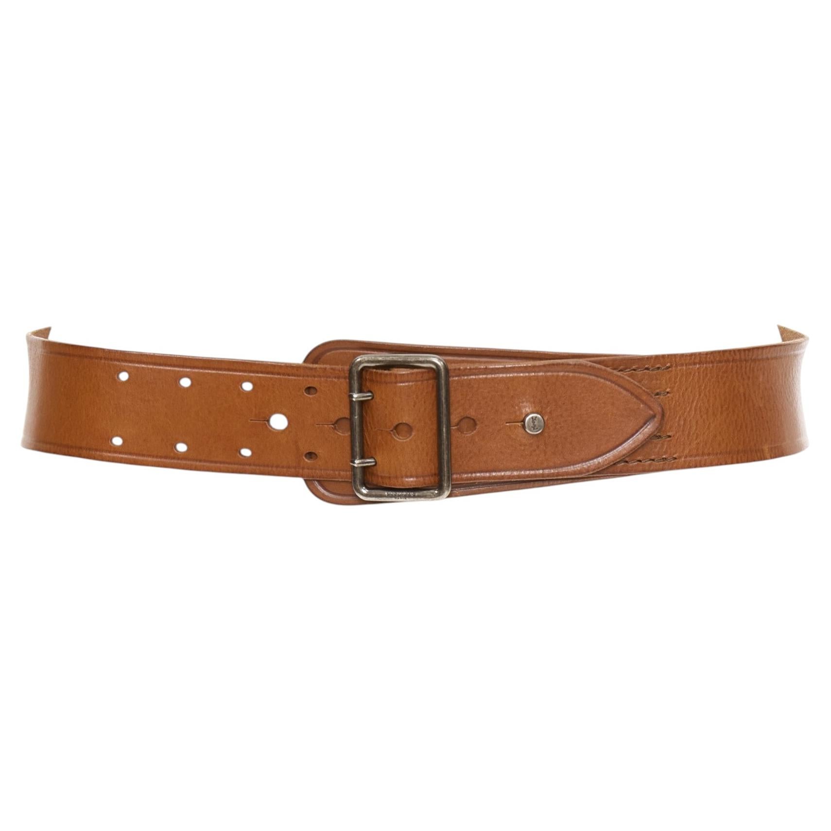 SAINT LAURENT  2015 brown leather chrome metal YSL stud wide military belt 75cm For Sale