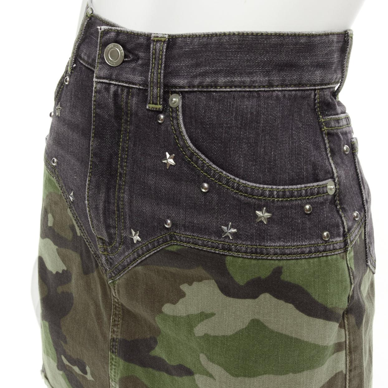 SAINT LAURENT 2015 green camo blue denim star studded mini skirt 25
