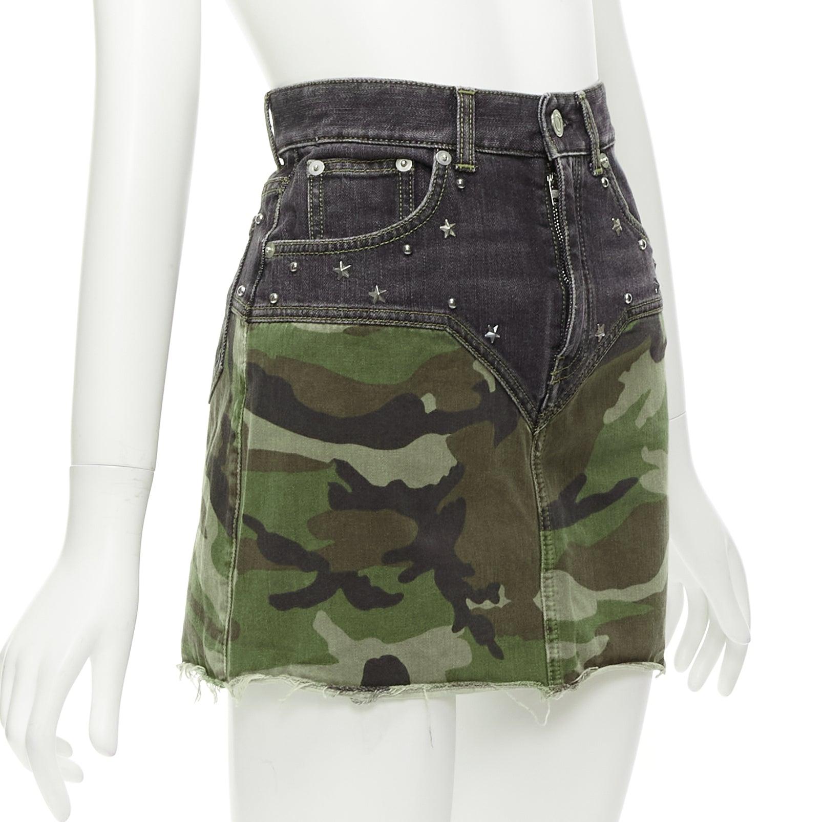 Black SAINT LAURENT 2015 green camo blue denim star studded mini skirt 25