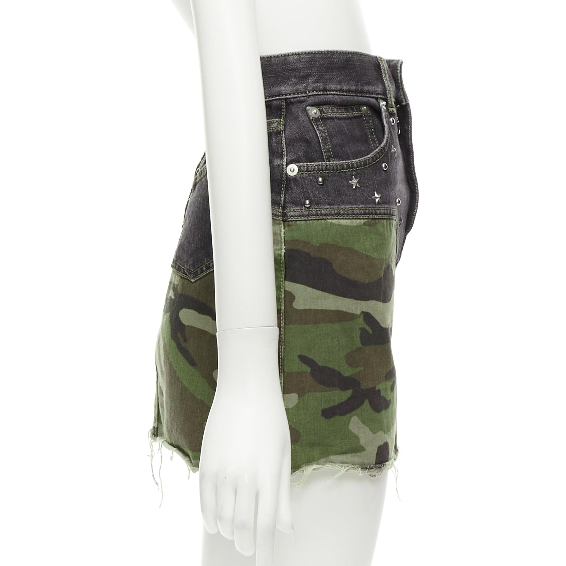 Women's SAINT LAURENT 2015 green camo blue denim star studded mini skirt 25