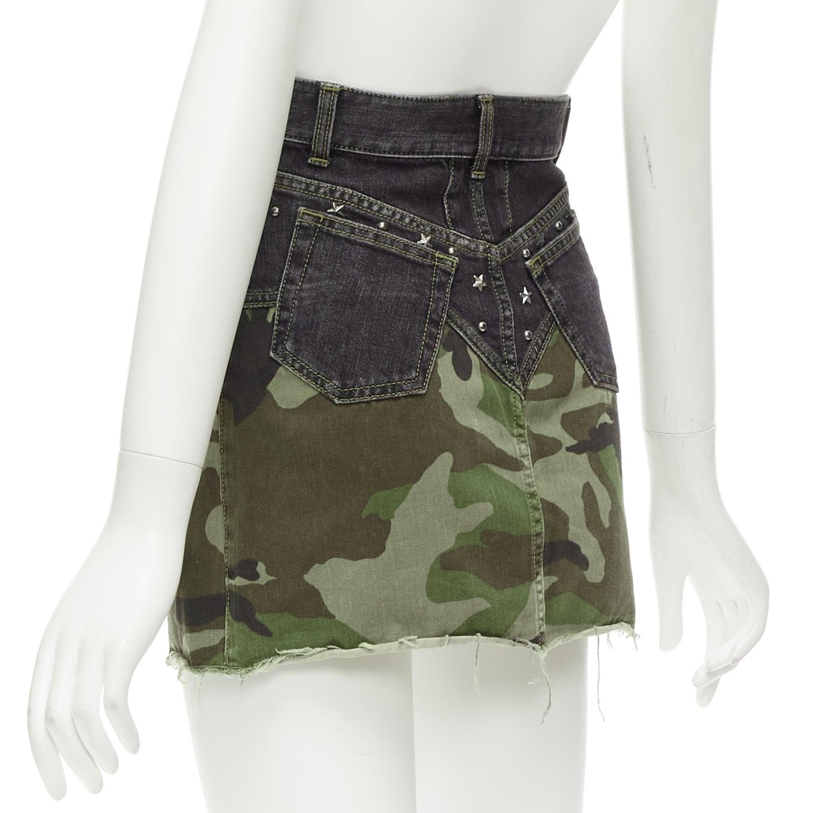 SAINT LAURENT 2015 green camo blue denim star studded mini skirt 25
