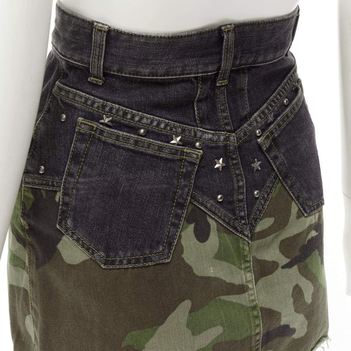 SAINT LAURENT 2015 green camo blue denim star studded mini skirt 25