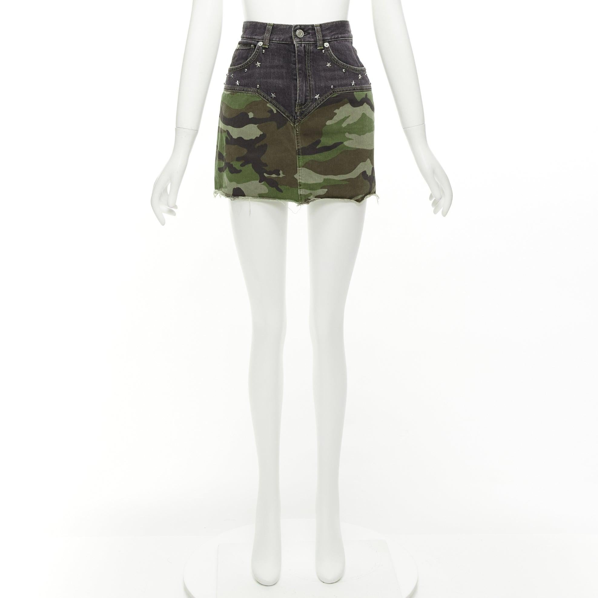 SAINT LAURENT 2015 green camo blue denim star studded mini skirt 25