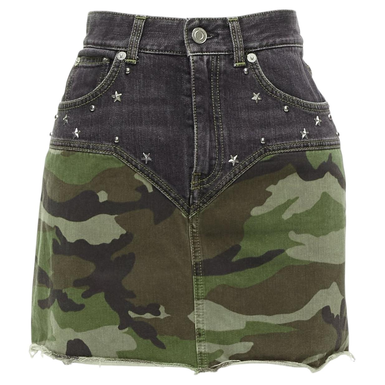 SAINT LAURENT 2015 green camo blue denim star studded mini skirt 25"