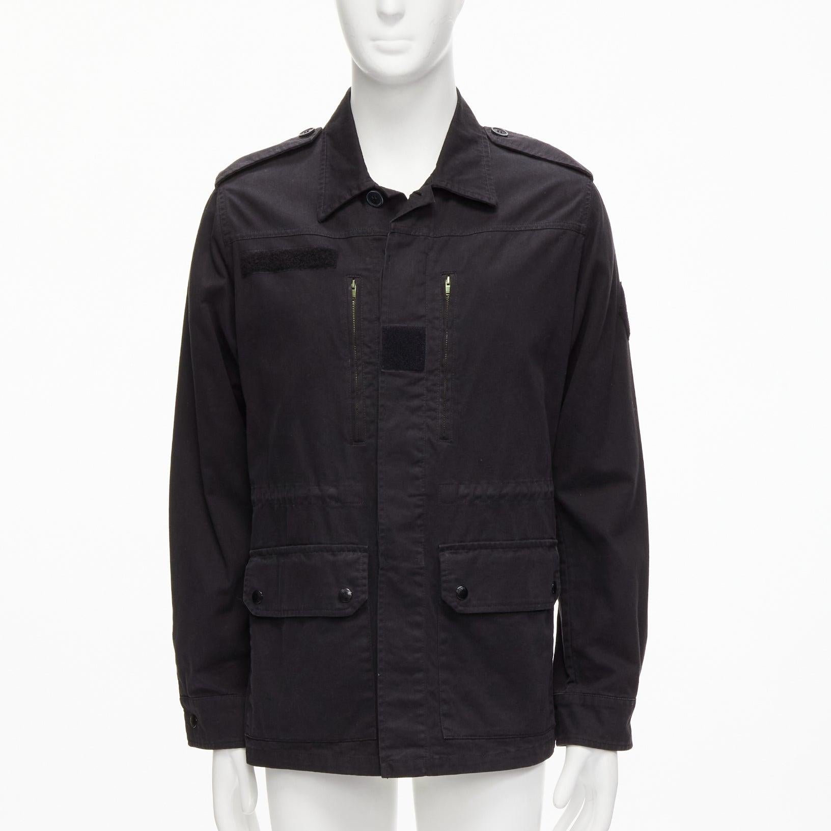 Black SAINT LAURENT 2015 Hedi Slimane black washed cotton linen military jacket FR46 S For Sale