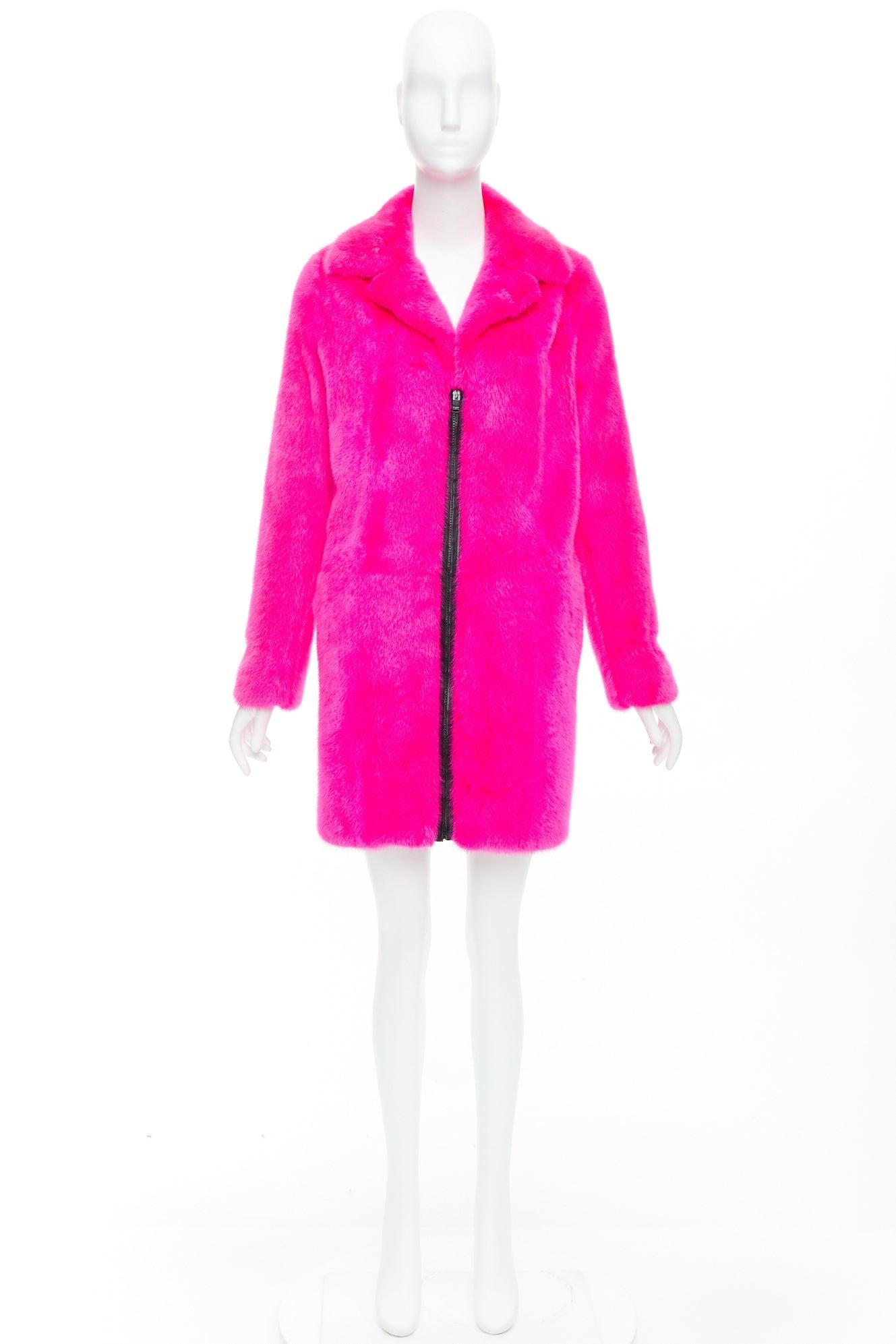 SAINT LAURENT 2015 hot pink mink fur black leather zip long coat FR38 M For Sale 6